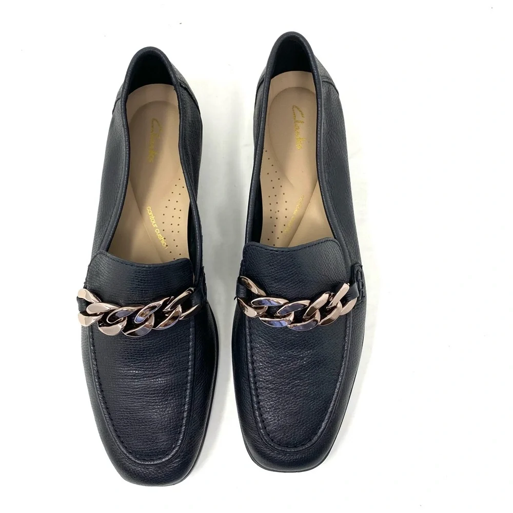 Clarks Sarafyna Iris Black Leather Chain Loafer Wide Width Comfort Dress Casual